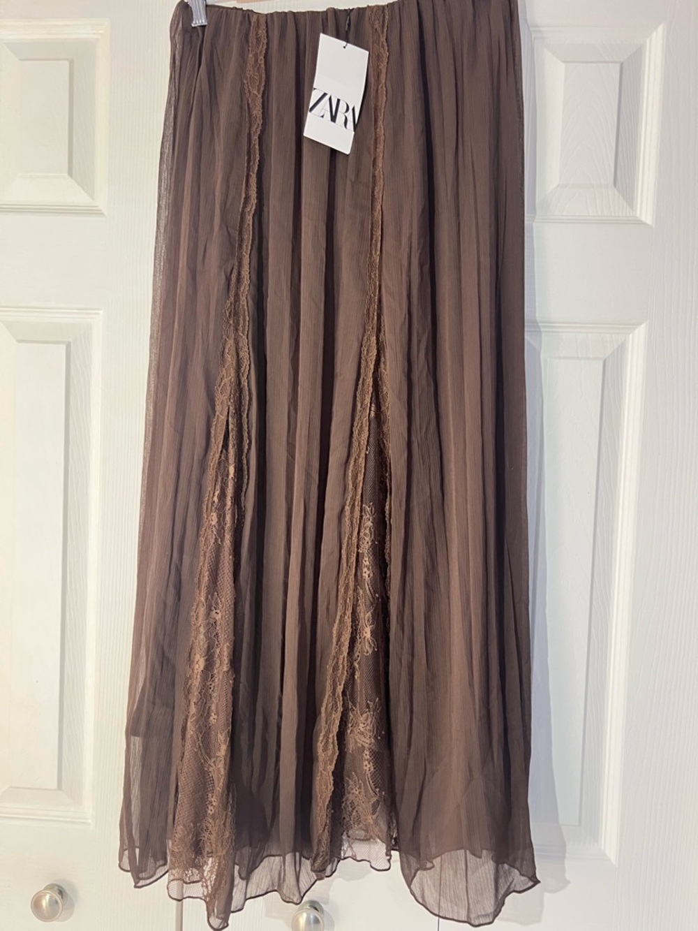 ZARA Lace Godet Chiffon Overlay Brown Maxi Elastic Waist Skirt. M NWT - Picture 11 of 16